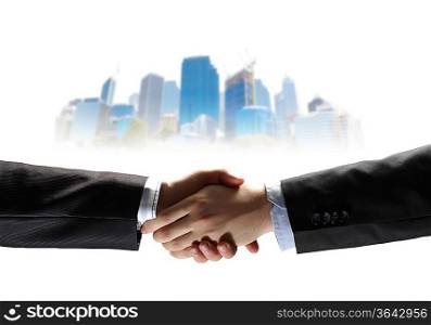 business handshake against white background with city image