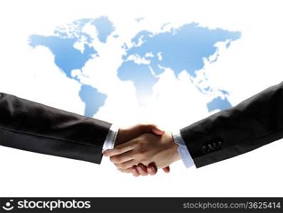 business handshake against white background with map image