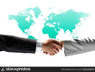 business handshake against white background with map image