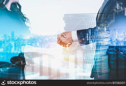 Business handshake on finance prosperity and money technology asset background . Economy and financial growth by investment in valuable stock market to gain wealth profit form currency trading. Business handshake on finance prosperity and money technology asset background