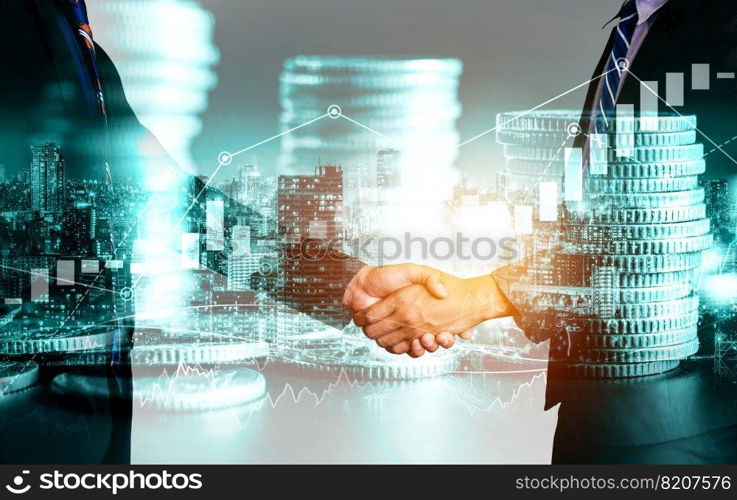 Business handshake on finance prosperity and money technology asset background . Economy and financial growth by investment in valuable stock market to gain wealth profit form currency trading. Business handshake on finance prosperity and money technology asset background