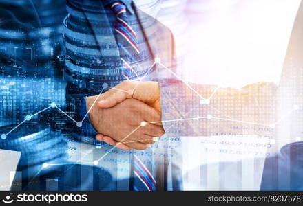 Business handshake on finance prosperity and money technology asset background . Economy and financial growth by investment in valuable stock market to gain wealth profit form currency trading. Business handshake on finance prosperity and money technology asset background