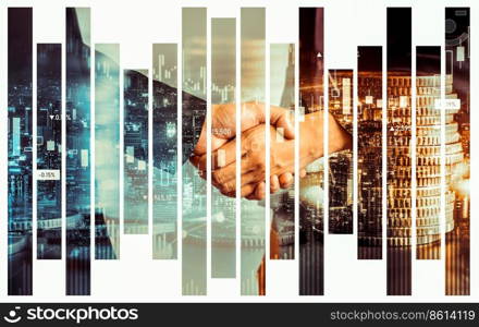 Business handshake on finance prosperity and money technology asset background . Economy and financial growth by investment in valuable stock market to gain wealth profit form currency trading. Business handshake on finance prosperity and money technology asset background