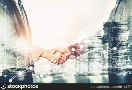 Business handshake on finance prosperity and money technology asset background . Economy and financial growth by investment in valuable stock market to gain wealth profit form currency trading. Business handshake on finance prosperity and money technology asset background