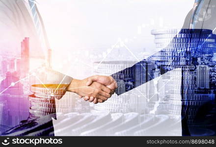 Business handshake on finance prosperity and money technology asset background . Economy and financial growth by investment in valuable stock market to gain wealth profit form currency trading. Business handshake on finance prosperity and money technology asset background