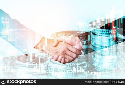 Business handshake on finance prosperity and money technology asset background . Economy and financial growth by investment in valuable stock market to gain wealth profit form currency trading. Business handshake on finance prosperity and money technology asset background