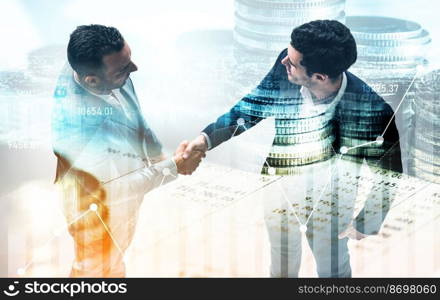 Business handshake on finance prosperity and money technology asset background . Economy and financial growth by investment in valuable stock market to gain wealth profit form currency trading. Business handshake on finance prosperity and money technology asset background