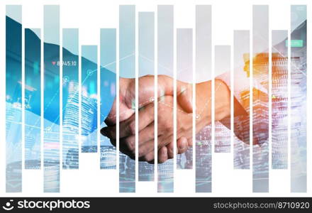 Business handshake on finance prosperity and money technology asset background . Economy and financial growth by investment in valuable stock market to gain wealth profit form currency trading. Business handshake on finance prosperity and money technology asset background