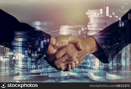 Business handshake on finance prosperity and money technology asset background . Economy and financial growth by investment in valuable stock market to gain wealth profit form currency trading. Business handshake on finance prosperity and money technology asset background