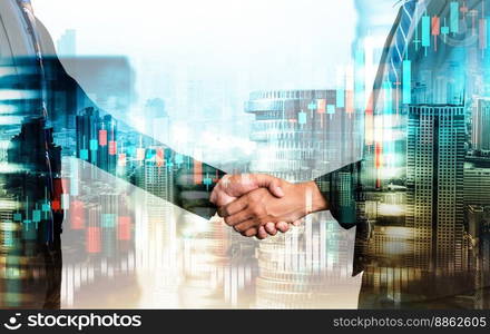 Business handshake on finance prosperity and money technology asset background . Economy and financial growth by investment in valuable stock market to gain wealth profit form currency trading