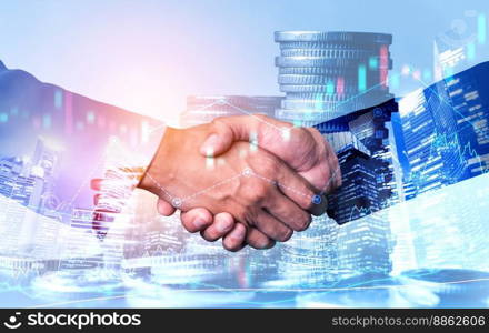 Business handshake on finance prosperity and money technology asset background . Economy and financial growth by investment in valuable stock market to gain wealth profit form currency trading