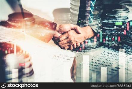 Business handshake on finance prosperity and money technology asset background . Economy and financial growth by investment in valuable stock market to gain wealth profit form currency trading. Business handshake on finance prosperity and money technology asset background