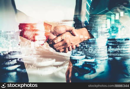 Business handshake on finance prosperity and money technology asset background . Economy and financial growth by investment in valuable stock market to gain wealth profit form currency trading. Business handshake on finance prosperity and money technology asset background