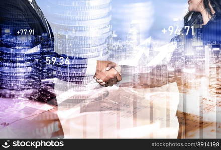 Business handshake on finance prosperity and money technology asset background . Economy and financial growth by investment in valuable stock market to gain wealth profit form currency trading. Business handshake on finance prosperity and money technology asset background