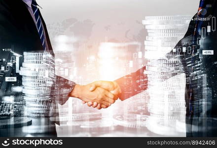 Business handshake on finance prosperity and money technology asset background . Economy and financial growth by investment in valuable stock market to gain wealth profit form currency trading. Business handshake on finance prosperity and money technology asset background