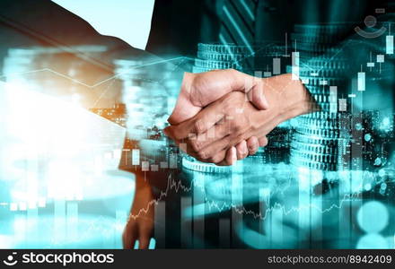 Business handshake on finance prosperity and money technology asset background . Economy and financial growth by investment in valuable stock market to gain wealth profit form currency trading. Business handshake on finance prosperity and money technology asset background