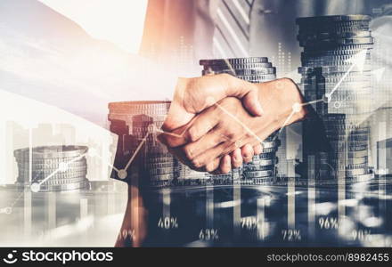 Business handshake on finance prosperity and money technology asset background . Economy and financial growth by investment in valuable stock market to gain wealth profit form currency trading