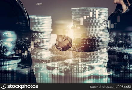 Business handshake on finance prosperity and money technology asset background . Economy and financial growth by investment in valuable stock market to gain wealth profit form currency trading. Business handshake on finance prosperity and money technology asset background