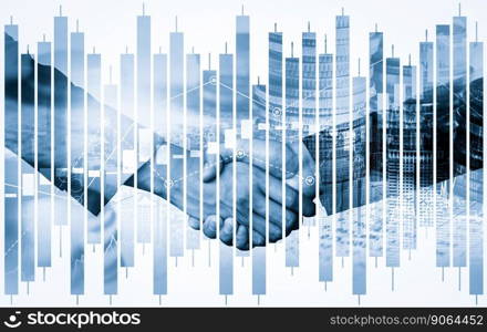 Business handshake on finance prosperity and money technology asset background . Economy and financial growth by investment in valuable stock market to gain wealth profit form currency trading. Business handshake on finance prosperity and money technology asset background