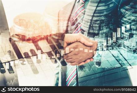 Business handshake on finance prosperity and money technology asset background . Economy and financial growth by investment in valuable stock market to gain wealth profit form currency trading. Business handshake on finance prosperity and money technology asset background