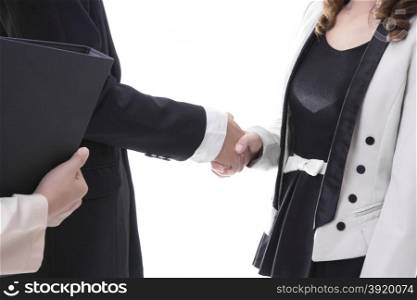Business handshake with partnership on white background in office