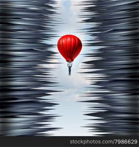 Business hazard and financial management concept as a businessman guiding a red hot air balloon through a dangerous maze of pointy spikes as a crisis metaphor and symbol of successul management skills through difficult challenges.