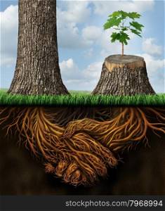 Business help and support concept as a tall tree next to a sick stump with a new growth of hope emerging in cooperation and teamwork with the roots shaped as a handshake providing the strength for success.