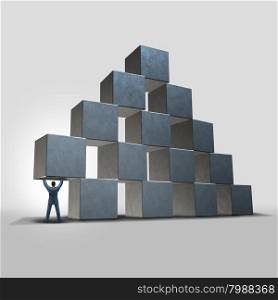 Business help concept as a businessman holding up and providing important urgent advice and support to an organization represented by a group of blocks as a success and leadership metaphor.