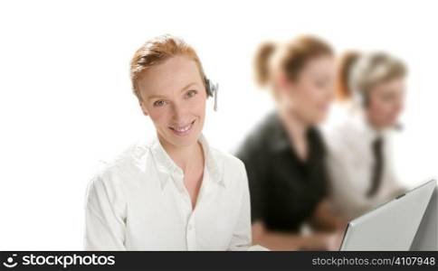 Business helpdesk with beautiful woman and headphones micro