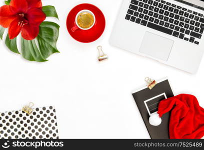 Business holidays flat lay social media. Office workplace with laptop computer, coffee and Christmas decoration.