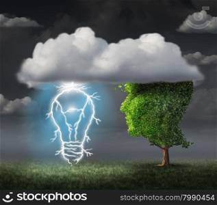 Business idea concept as a tree shaped as a face under a cloud with an electric lightning bolt in the shape of an illuminated lightbulb as a metaphor for creative inspiration and success.