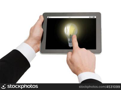 business, idea, startup, internet and technology concept - close up of man hands holding tablet pc computer with light bulb on screen
