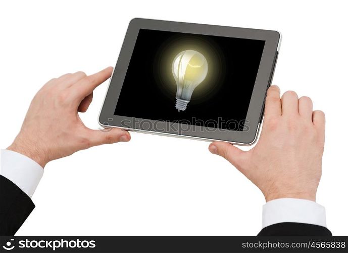 business, idea, startup, internet and technology concept - close up of man hands holding tablet pc computer with light bulb on screen