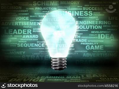 Business ideas. Background image with light bulb and words at background
