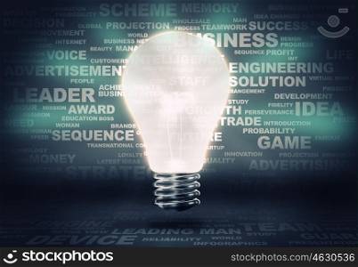 Business ideas. Background image with light bulb and words at background