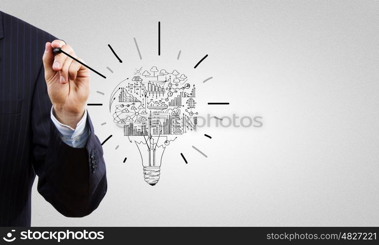 Business ideas. Close up of businessman hand drawing business strategy sketches