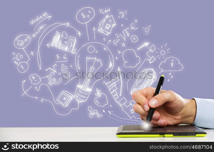 Business ideas. Close up of human hand drawing business strategy plan