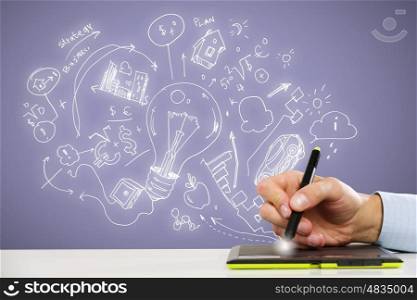 Business ideas. Close up of human hand drawing business strategy plan