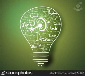 Business ideas. Conceptual image with drawn light bulb and business sketches