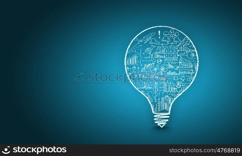Business ideas. Conceptual image with light bulb and business sketches inside