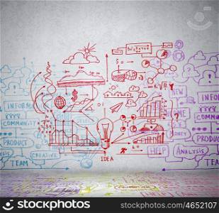 Business ideas sketch. Colorful business ideas sketch drawn on light wall