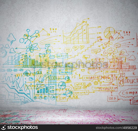 Business ideas sketch. Colorful business ideas sketch drawn on light wall