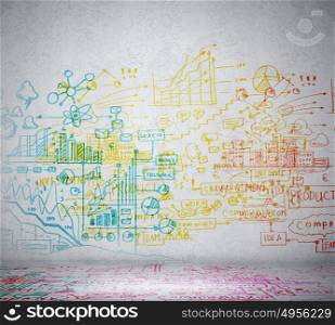 Business ideas sketch. Colorful business ideas sketch drawn on light wall