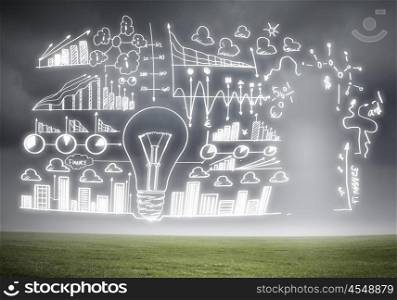 Business ideas sketch. hand drawn business ideas sketch against nature background