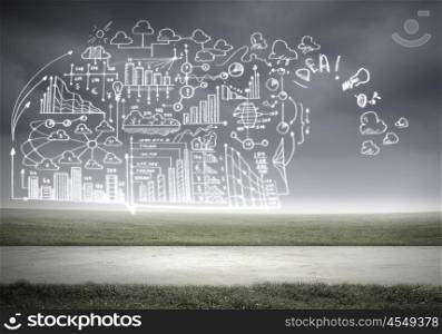 Business ideas sketch. hand drawn business ideas sketch against nature background