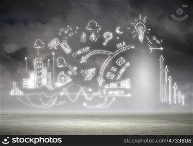 Business ideas sketch. Hand drawn business ideas sketch against nature background