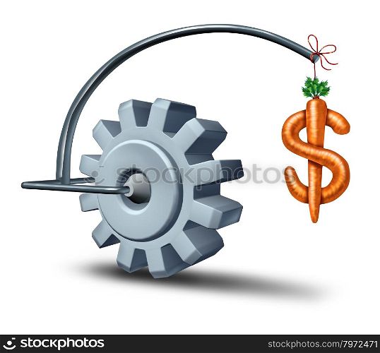 Business incentives as a financial metaphor with a stick and carrot shaped as a dollar sign leading a gear or cog wheel towards wealth and fortune as a symbol of incentive perks motivating and attracting new investment for future growth.