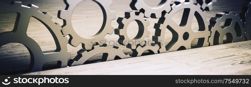 Business industry concept. Gears and communications. 3d rendering. Business industry concept. Gears and communications