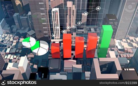 Business infographics chart in modern building city, 3d rendering
