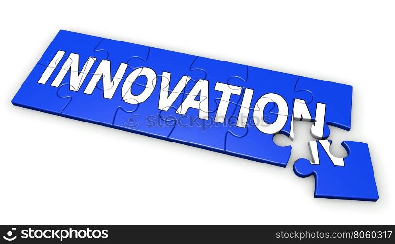 Business innovation concept with sign and word on a blue puzzle 3D illustration isolated on white background.